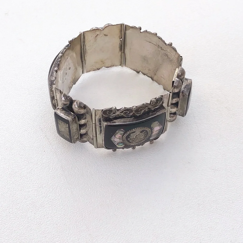 Vintage Mexico Sterling Inlay Panel Bracelet
